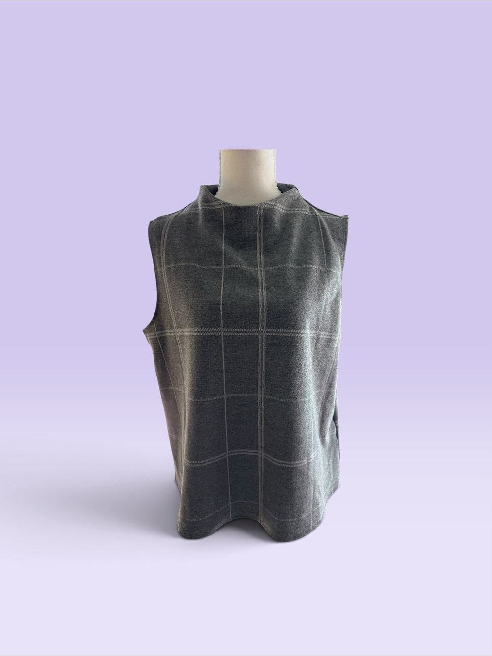Cynthia Rowley Grey Windowpane Mock Neck Sleeveless Top
